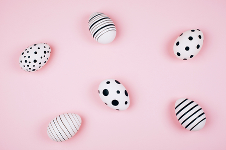 Many easter eggs on pink. Flat lay.の写真素材