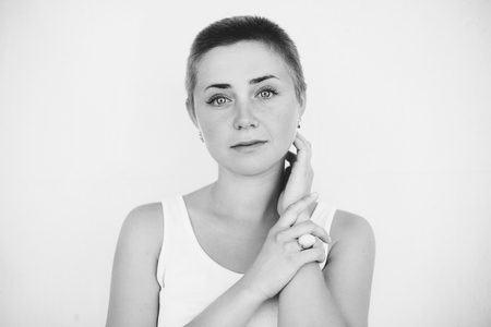 Black and white portrait of authentic short-haired girlの写真素材