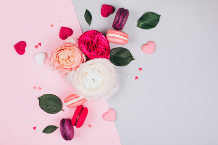 Composition of macarons and flowersの写真素材