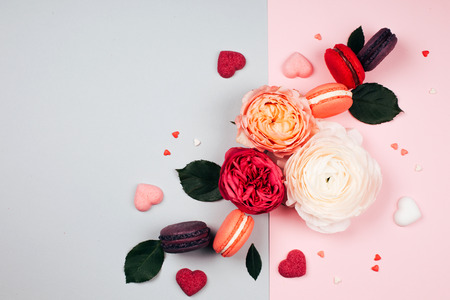 Composition of macarons and flowersの写真素材