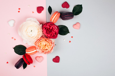 Composition of macarons and flowersの写真素材