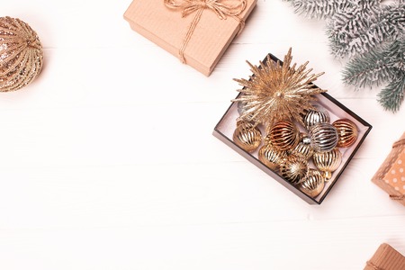 New year sparkling decor on white wooden background. Christmas concept. Flat lay styleの写真素材