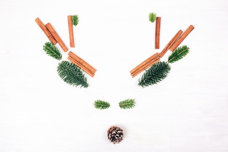 Deer face made of fir branches, cinnamon sticks and pine cone. White wooden rustic background. Winter flat lay style picture.の写真素材