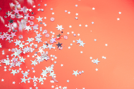 Living Coral glitter bokeh background. Color of the year 2019. Main trend concept. Natural and authentic mood.の写真素材