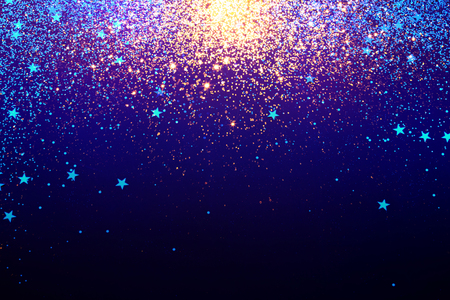 Gold falling sparkles on blue background. Magic mood. Festive concept.の写真素材