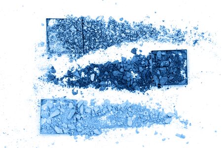 Blue eyeshadows with shimmer. Cosmetics concept. Flat lay style.の写真素材
