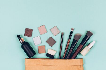 Decorative zero waste cosmetics. Travel set. Flat lay styleの写真素材