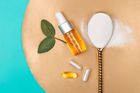 Different types of collagen. Powder, capsules, tablets and fluid.の写真素材