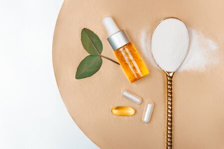 Different types of collagen. Powder, capsules, tablets and fluid.の写真素材