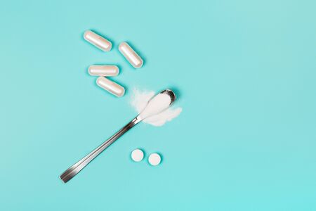 Different types of collagen. Powder, capsules, tablets and fluid.の写真素材