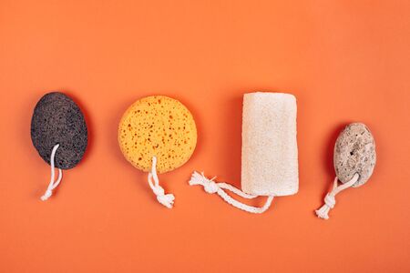 Different types of zero waste sponges for body care. Concept of eco friendly supplies for self-care. Flat lay style.の写真素材
