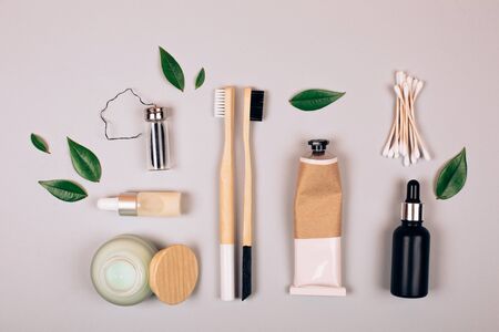 Zero waste self-care products. Bamboo toothbrush, toothpaste, tooth powder and flax. Flat lay style.の写真素材