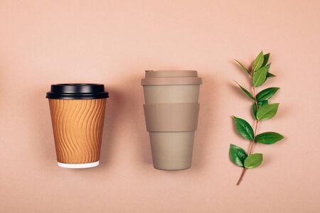 Refillable and disposable cups. Concept of plastic-free and zero waste livingの写真素材