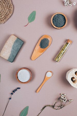 Natural cosmetics pattern with Eucalyptus on grey background as pattern. Flat lay style.の写真素材
