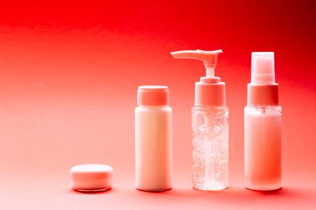 Group of multiuse bottles for traveling. Front view.の写真素材
