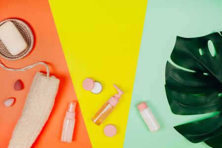 Care plastic-free cosmetics on pastel paper colorful backgroundの写真素材