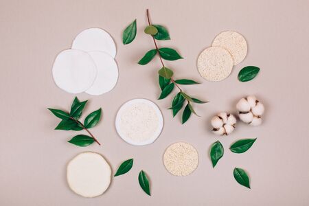 Zero waste sponge. Concept of eco friendly supplies for self-care. Flat lay style.の写真素材