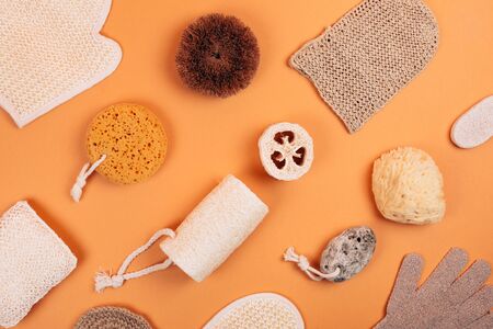 Different types of zero waste sponges for body care. Concept of eco friendly supplies for self-care. Flat lay style.の写真素材