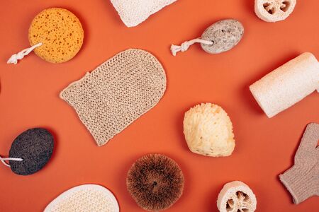Different types of zero waste sponges for body care. Concept of eco friendly supplies for self-care. Flat lay style.の写真素材