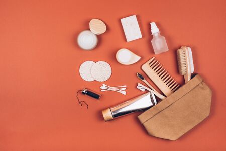 Zero waste cosmetics travel set. Flat lay styleの写真素材