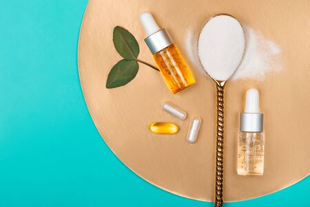 Different types of collagen. Powder, capsules, tablets and fluid.の写真素材