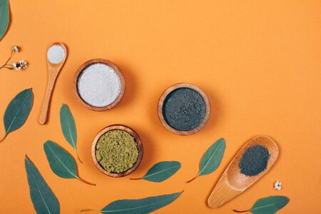 Home skin care. Several types of clay combined with eucalyptus leaves. Modern apothecary. Flat lay style.の写真素材