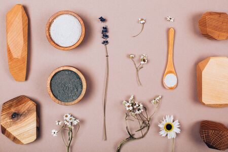 Natural zero waste cosmetics on grey background. Flat lay styleの写真素材