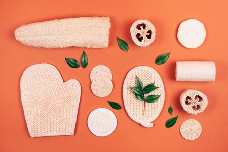 Different zero waste luffa sponge. Concept of eco friendly supplies for self-care. Flat lay style.の写真素材