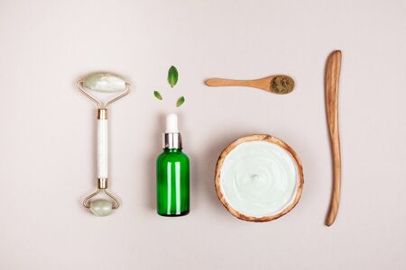 Avocado mask, serum and oil. Modern apothecary. Flat lay style.の写真素材