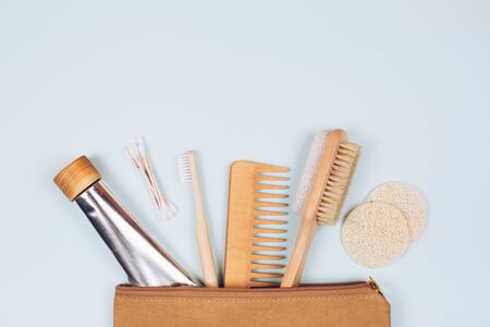 Zero waste cosmetics. Travel set. Flat lay styleの写真素材