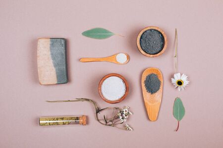Natural cosmetics pattern with Eucalyptus powder on grey background as pattern. Flat lay style.の写真素材
