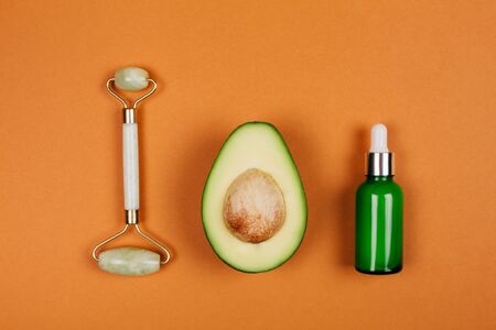 Modern accessories and herbal cosmetics for natural face care. Flat lay style.の写真素材