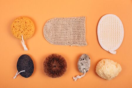 Different types of zero waste sponges for body care. Concept of eco friendly supplies for self-care....