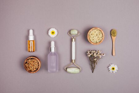 Modern cosmetics accessoires and ingredients. Flat lay style.の写真素材