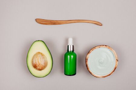 Trends of natural cosmetics skin care. Flat lay style on grey background.の写真素材