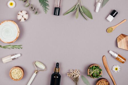Cosmetics and natural ingredients for healthy skin and face. Flat lay style.の写真素材
