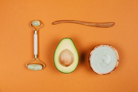 Natural mask for skincare with ingredients on peach background. Flat lay style.の写真素材
