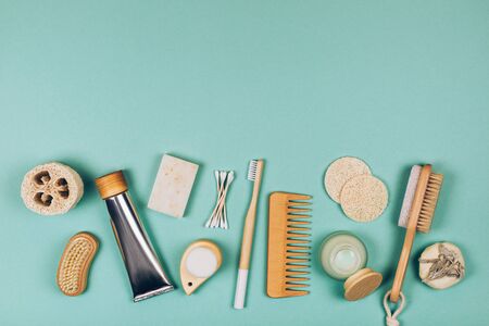 Zero waste cosmetics. Travel set. Flat lay styleの写真素材