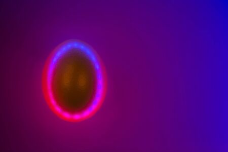 Glossy dark egg on duotone trendy neon background with gradient backlight. Easter concept. Place for text.の写真素材