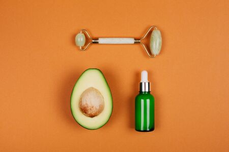 Modern accessories and herbal cosmetics for natural face care. Flat lay style.の写真素材
