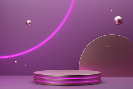 Pink metallic multilayered podium for cosmetics with neon frame and spheres. Front view. 3d Rendering.の写真素材