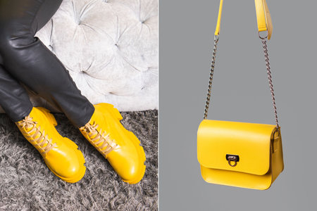 Demonstrating trendy colors 2021 - Gray and Yellow. Fashionable leather shoes and bagの写真素材