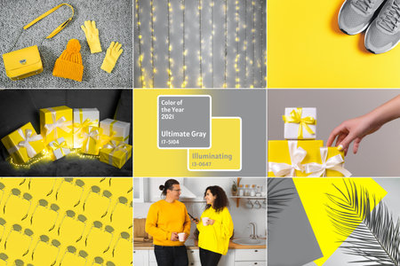 Collage demonstrating trendy colors 2021 - Gray and Yellow. . Lifestyle images and fashion outfits