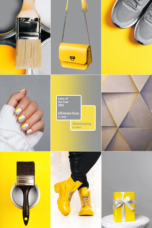 Collage demonstrating trendy colors 2021 - Gray and Yellow. Vertical edition for social mediaの写真素材