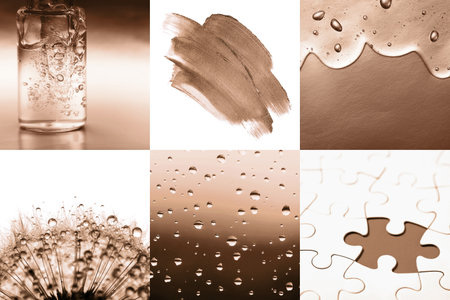 Abstract composition featuring liquid, texture, and puzzle pieces in warm huesの写真素材
