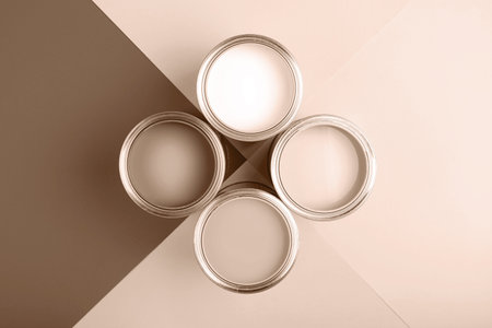 Top view of four paint cansの写真素材