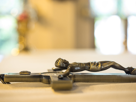 Bangkok Thailand  Oct  2014 : Jesus cross on table at The Holy Rosary Churchの写真素材