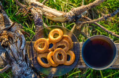 Early spring morning. morning fog. Fresh green grass . on the bench is a cup of tea and a plate of...