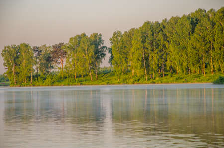 fog over the water . morning fog. thick morning mist over the lake . around the lake grow birch . landscape early in the morning warm . the sun rises and lights up the forest with a pond in the fog .の写真素材