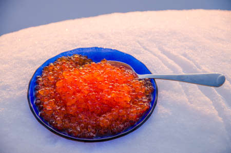 red caviar in the snow. blue plate with metal spoonの写真素材